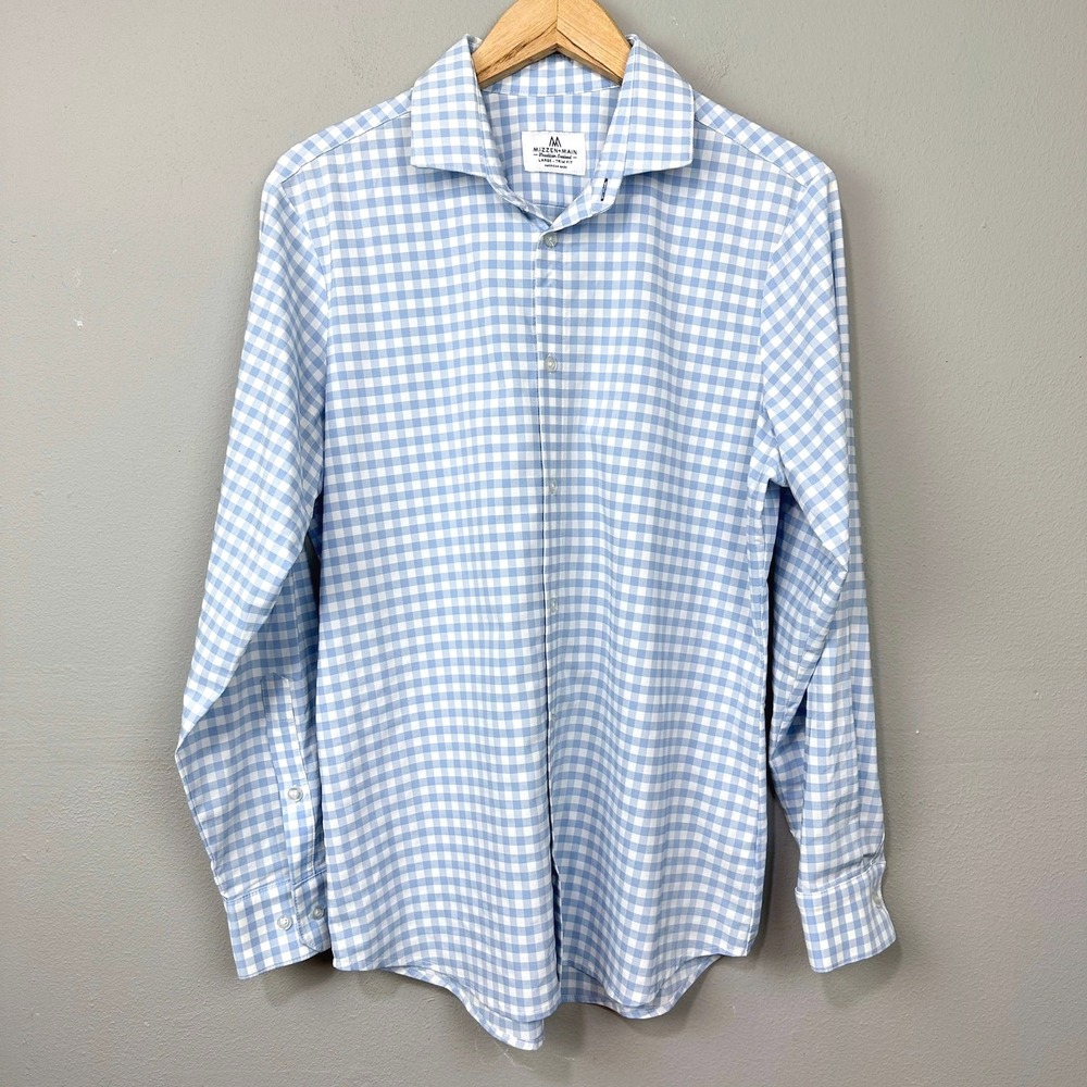 Mizzen+Main Dress Shirt Mens L Light Blue Gingham Trim Fit Performance Stretch